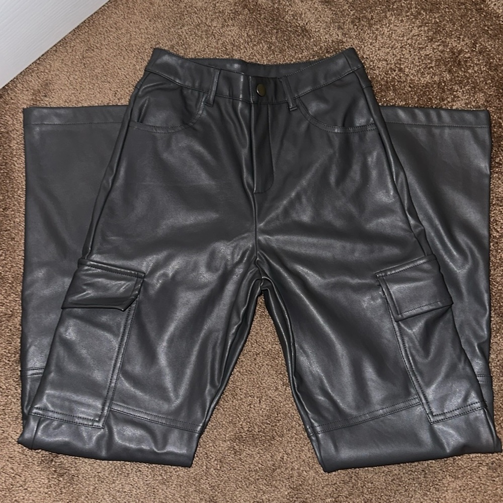 Grey Leather Cargo Pants